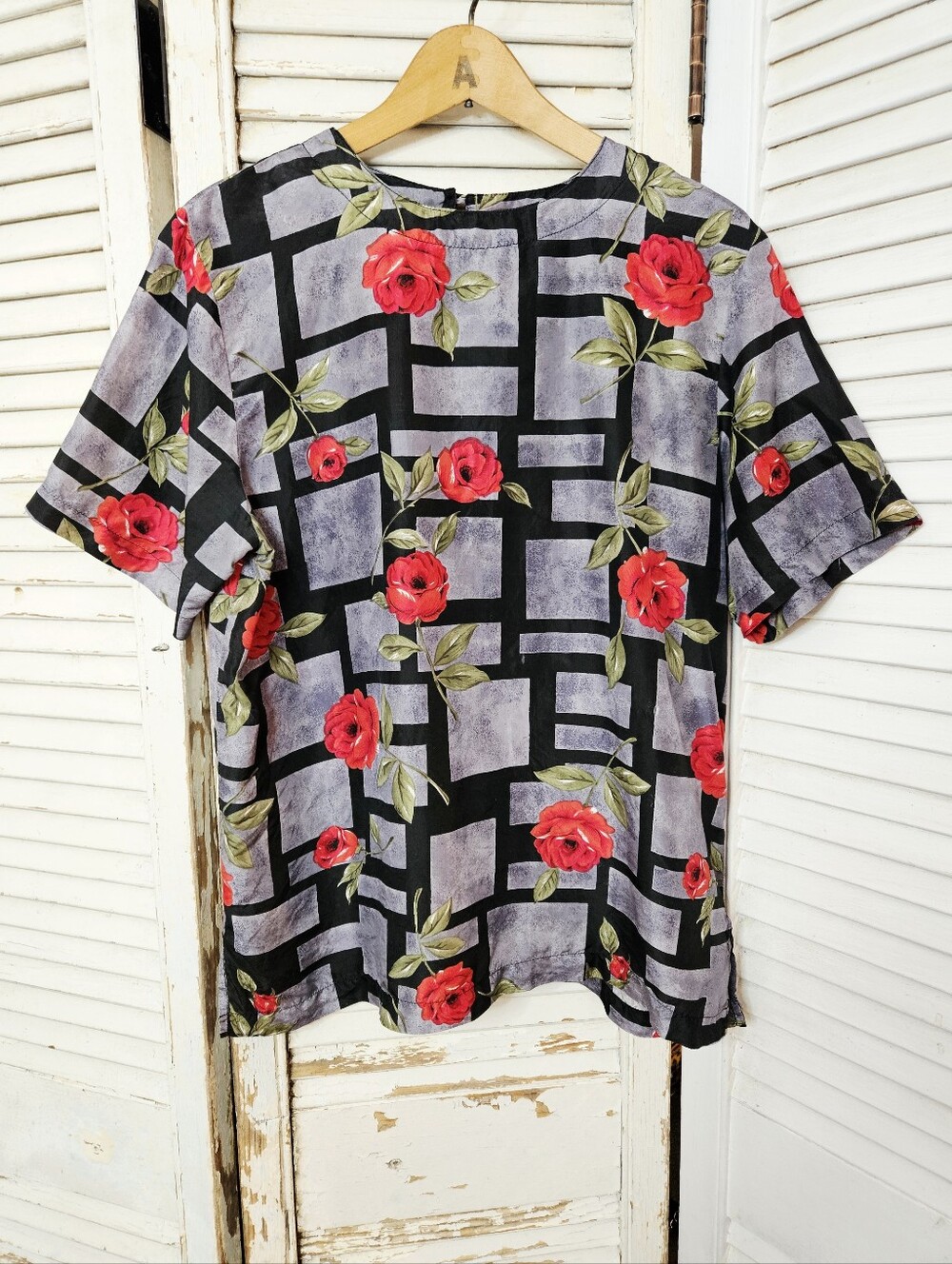Vintage 90s Bedford Fair 100% Silk Geometic And Roses Print Shell Blouse Medium